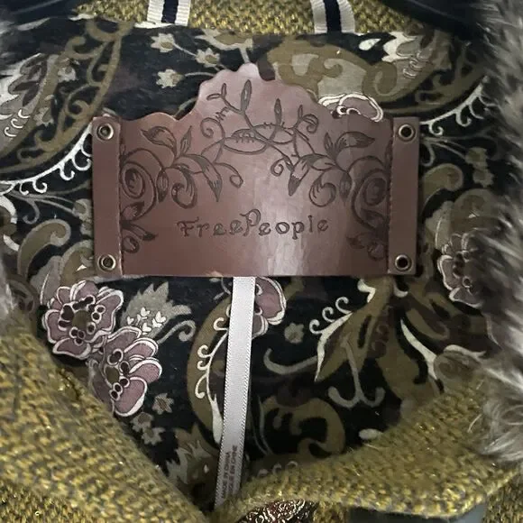 Free People Pea Coat Wool Silk Faux Fur Collar Women's Sz 10 Green Tweed Ribbon - Picture 4 of 16